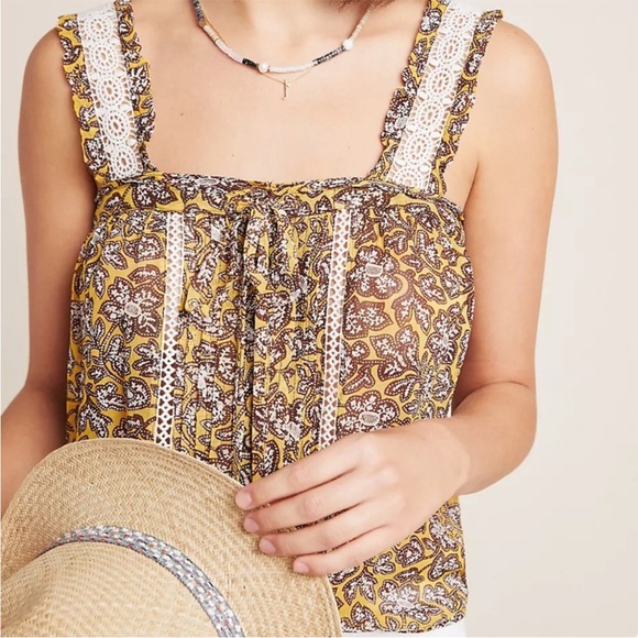By Anthropologie Sleeveless Yellow and Brown Floral Crochet Bardot Blouse US 10 - Picture 3 of 16